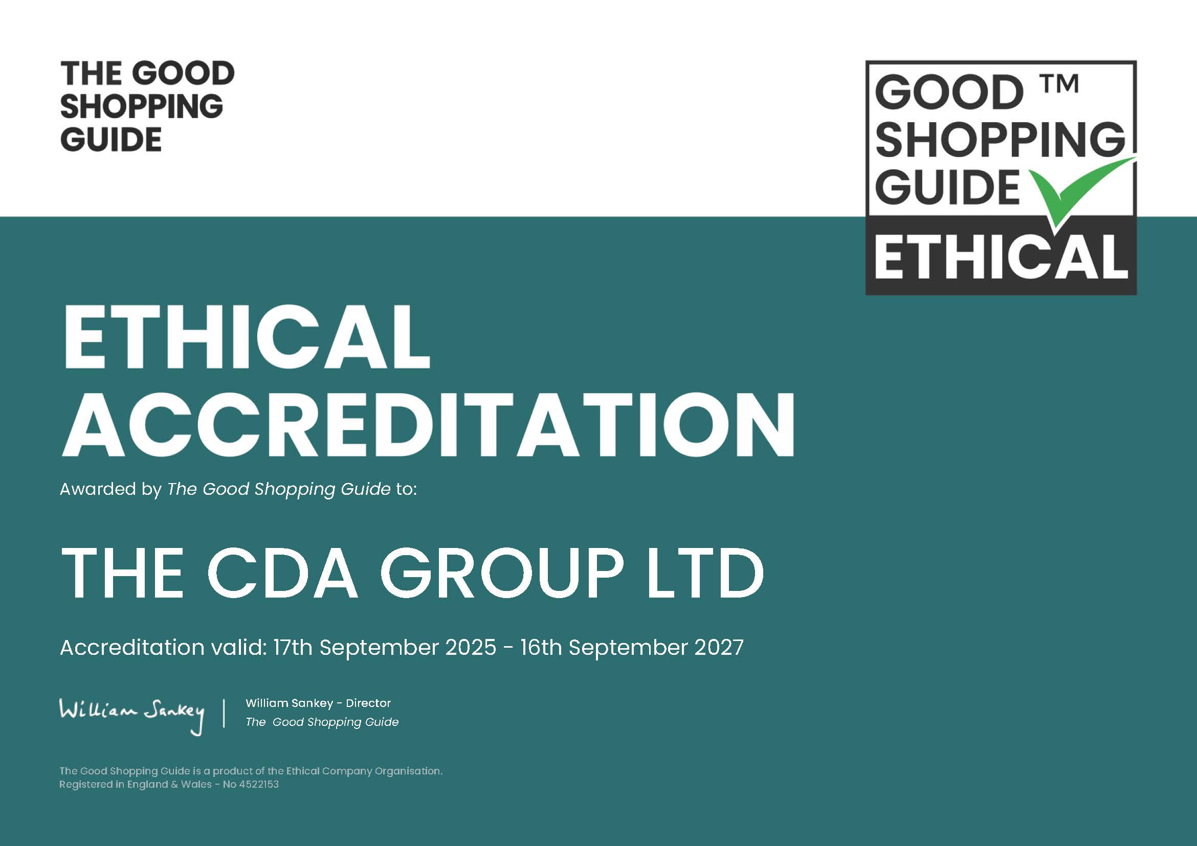 The Good Shopping Guide Ethical Accreditation awarded to The CDA Group Ltd.