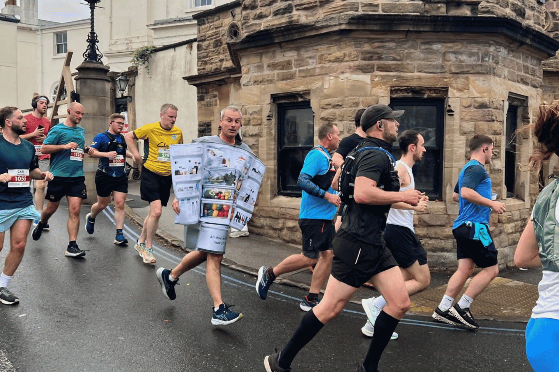 Chris Ward running the Robin Hood Half Marathon in a fridge costume